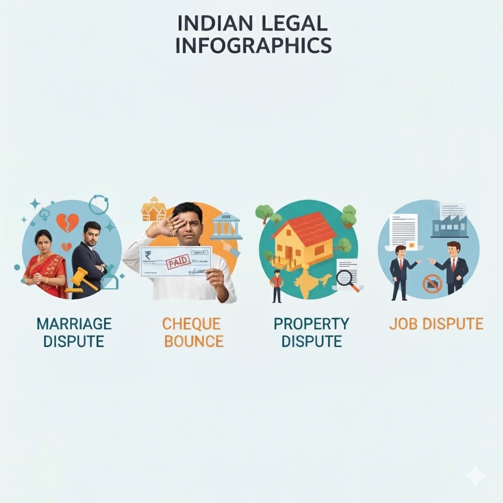 Infographic showing types of legal notices like marriage dispute, cheque bounce, property dispute, job dispute.