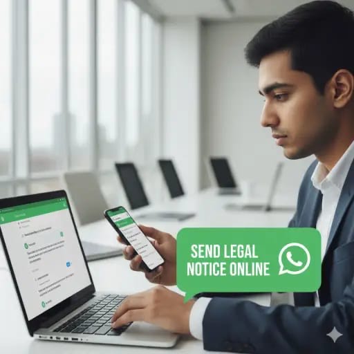 Person using laptop and phone with WhatsApp logo to send legal notice online.