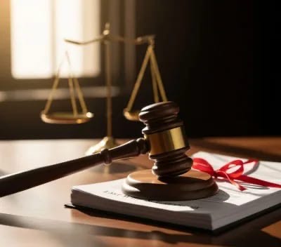 Gavel placed on legal documents with scales of justice in background.