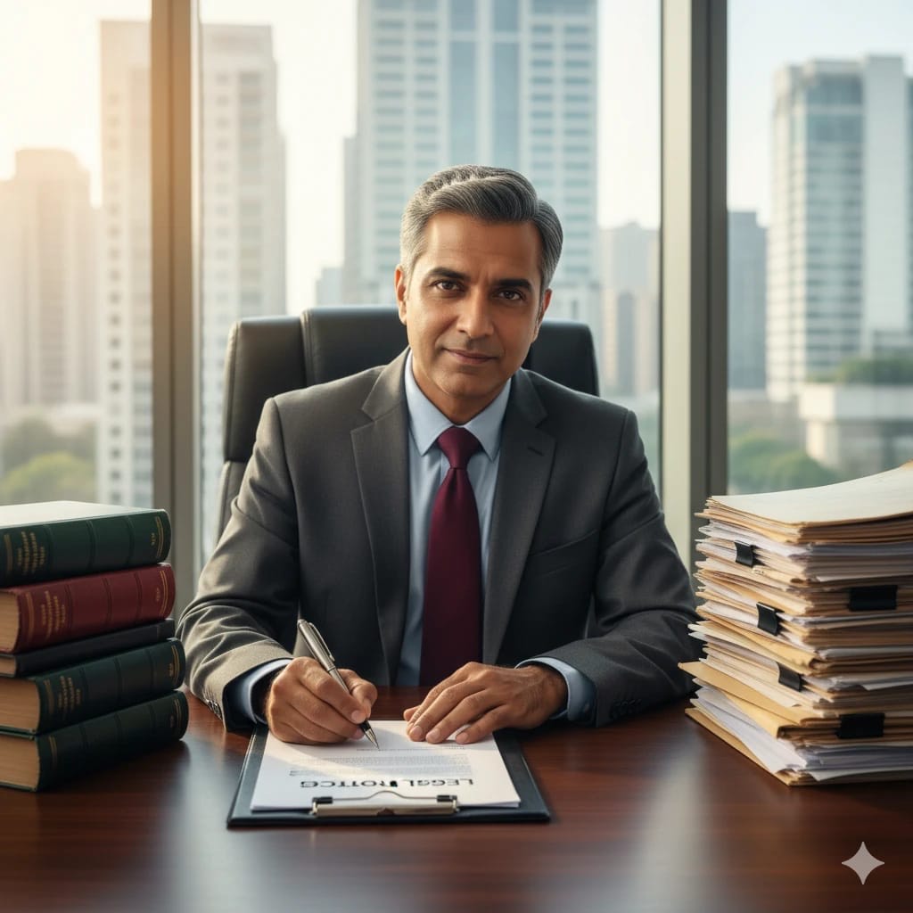 Lawyer writing a legal notice at office desk with files and books around.